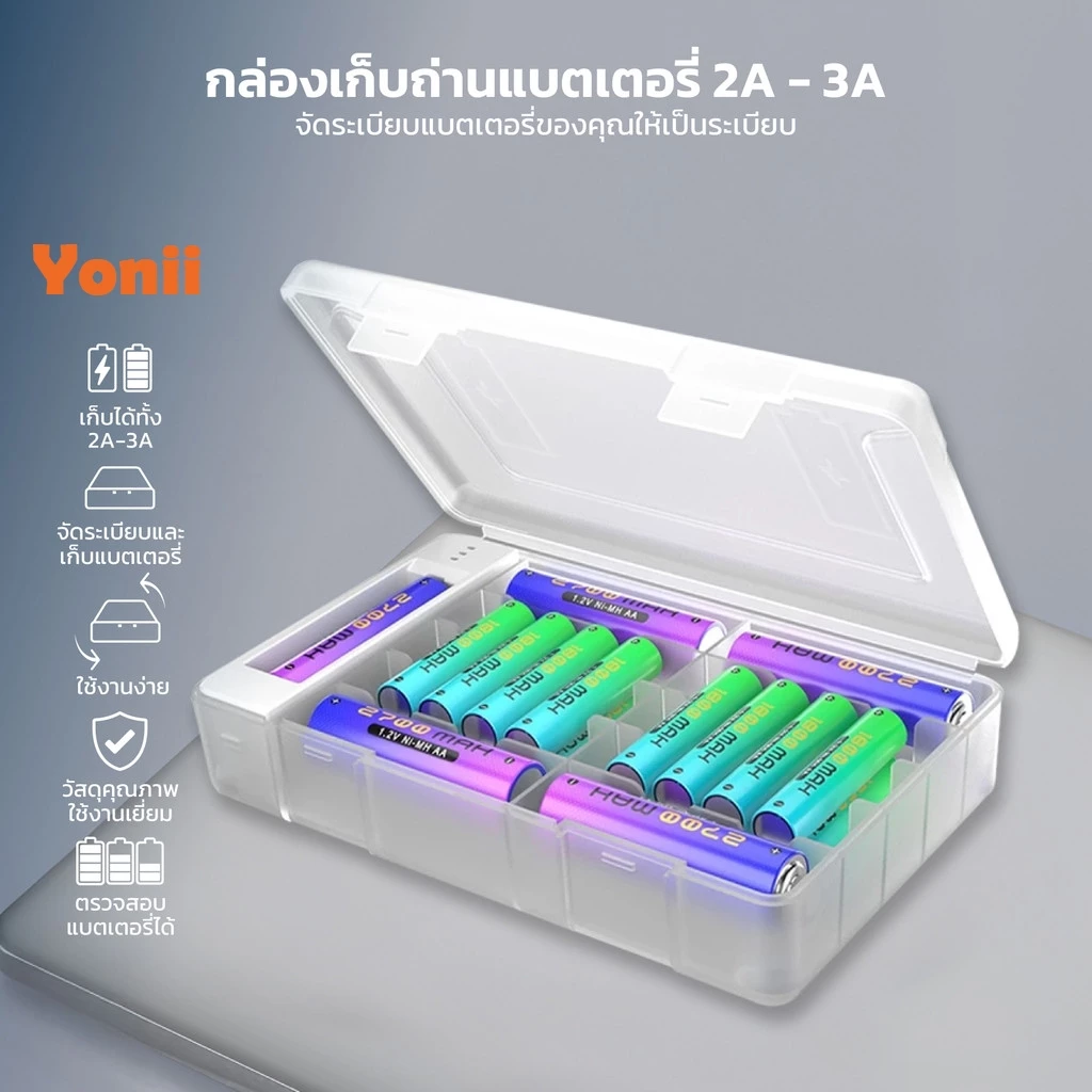 Yonii กล่องเก็บแบตเตอรี่ 2A 3A ตรวจสอบแบตได้ จัดเก็บเป็นระเบียบ วัสดุแข็งแรง
