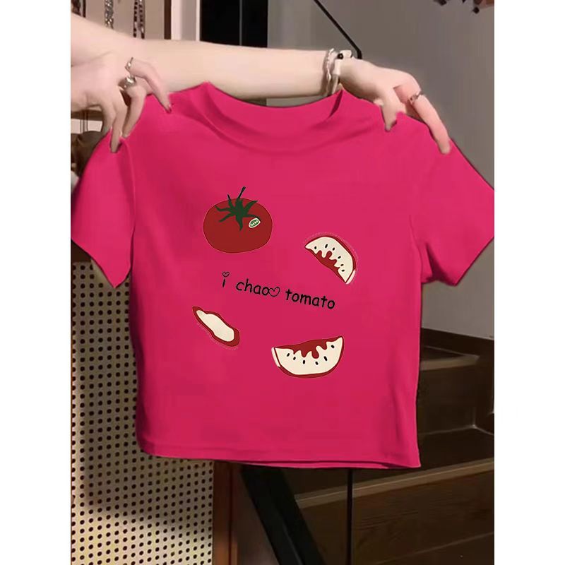 เสื้อครอปเอวลอย คอกลม ลายลูกมะเขือเทศ ลายสวย E8026