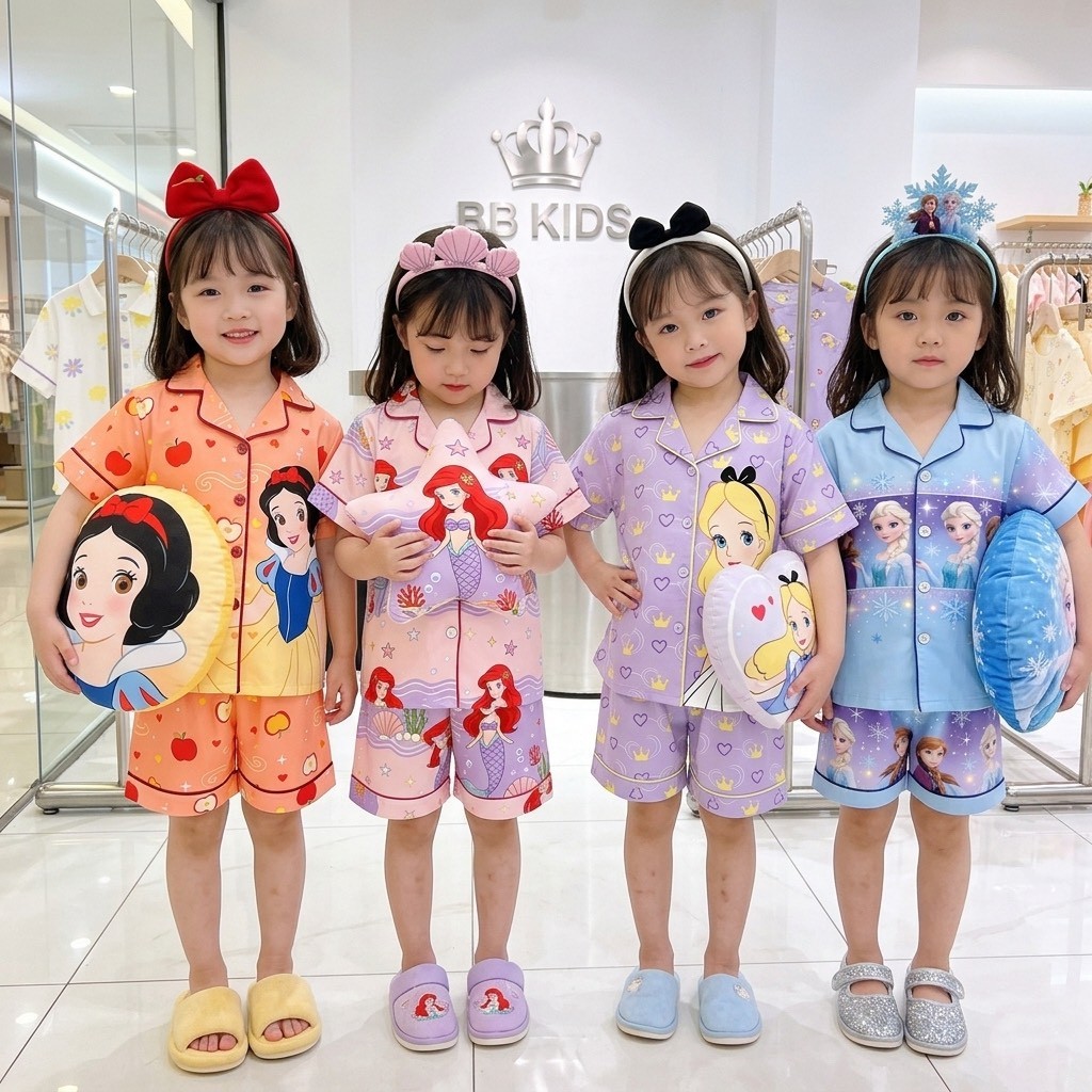 ** แนะนำเพิ่ม 1-2 ไซส์ ** ชุดนอนเด็กแขนสั้น ขาสั้น คอปก (ผ้านิ่มเด้ง) เซตเจ้าหญิง