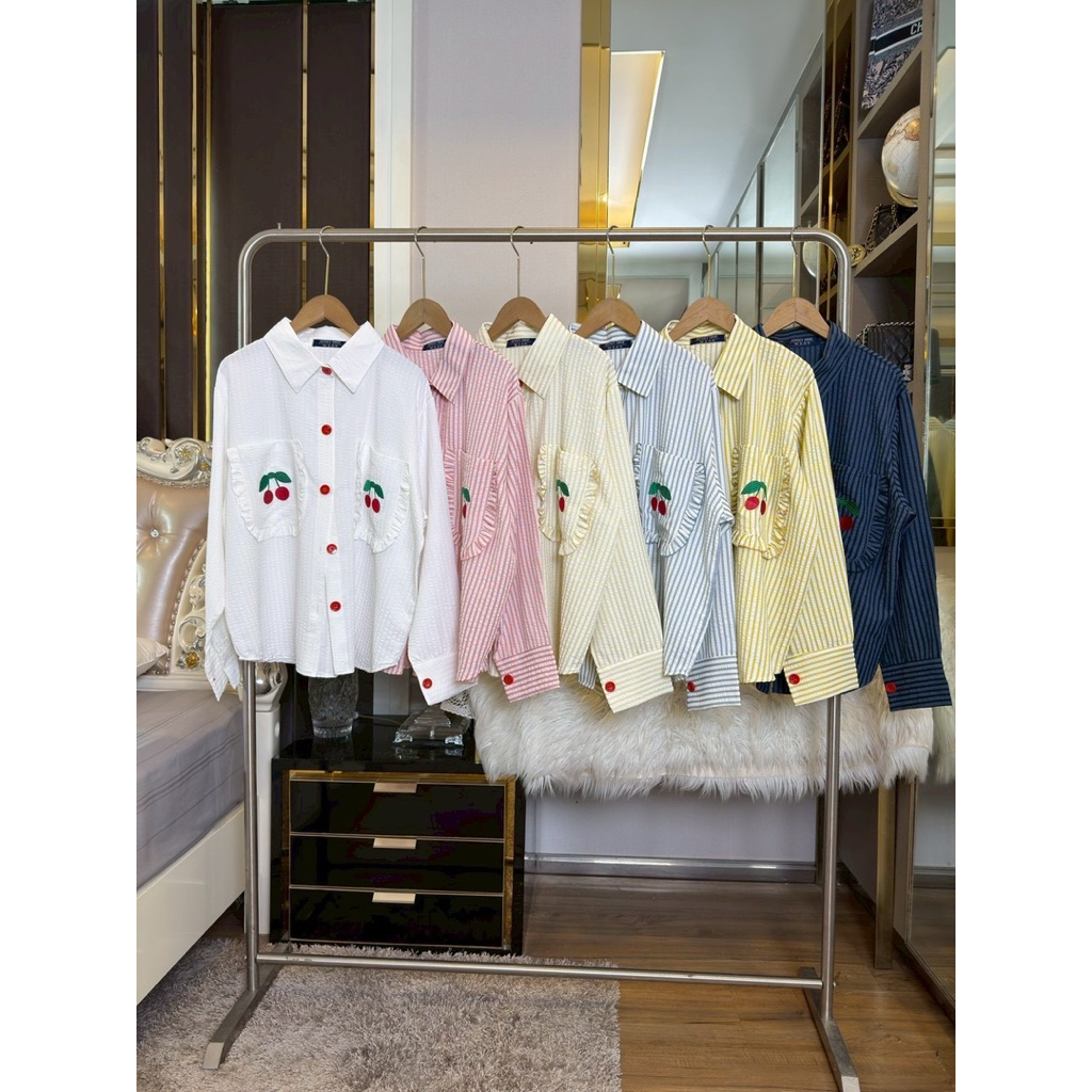 (อก 50“) เสื้อเชิ้ตแขนยาว ปักเชอร์รี่ 🍒 “ทรง Over size" >>รุ่นกระเป๋าคู่