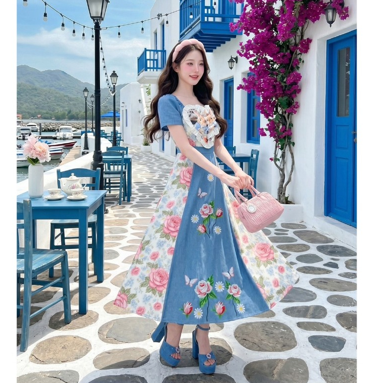 (มี3XL) Maria Diamond ยีนส์ Afternoon Bunny Dress เดรสวินเทจอกหัวใจพิมพ์ลาย ตัดต่อผ้ายีนส์ปักกุหลาบกระโปรง ซิปหลัง มีซับ