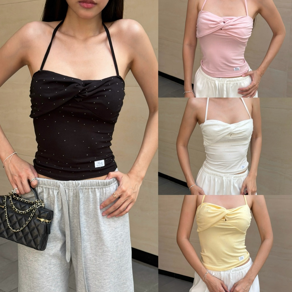 RUDY -  SHIMMER TWIST TOP สายเดี่ยวผูกคอทรงเข้ารูปใส่แล้วหุ่นสวย ผ้านิ่มใส่สบายมาก! สีคิ้วท์ๆ ให้เลือกเลย 💕(ดำ)