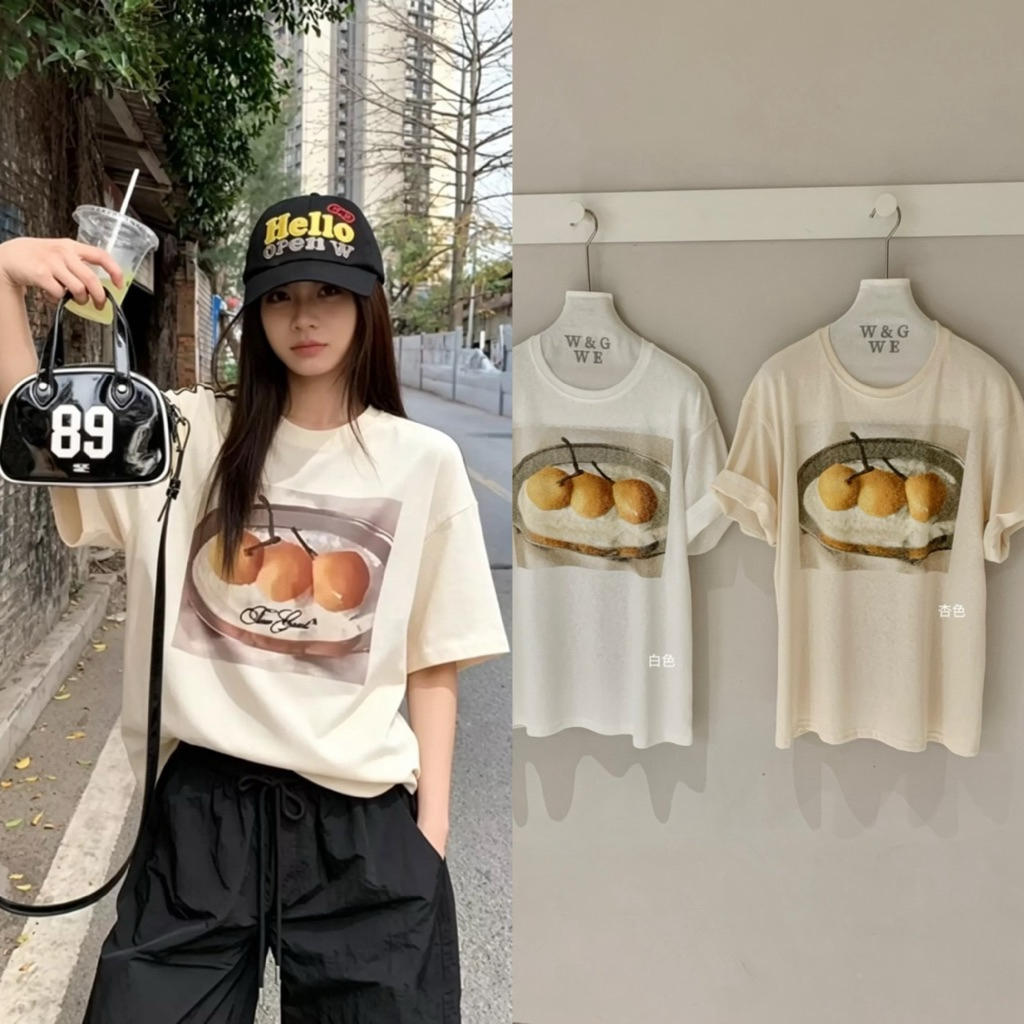 9478# เสื้อยืดคอกลมแขนสั้น สกรีนลายช่วงอก เนื้อผ้าดี ใส่สบาย  TAG:WG.WE 🇰🇷