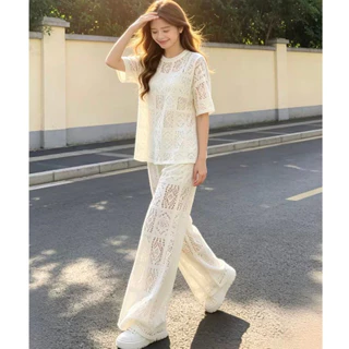 Swan shop ชุดเซ็ตผู้หญิง เสื้อถักลายฉลุ แขนสั้น + กางเกงขายาวทรงหลวม เอวยางยืด สไตล์เกาหลี น่ารัก ใส่สบาย