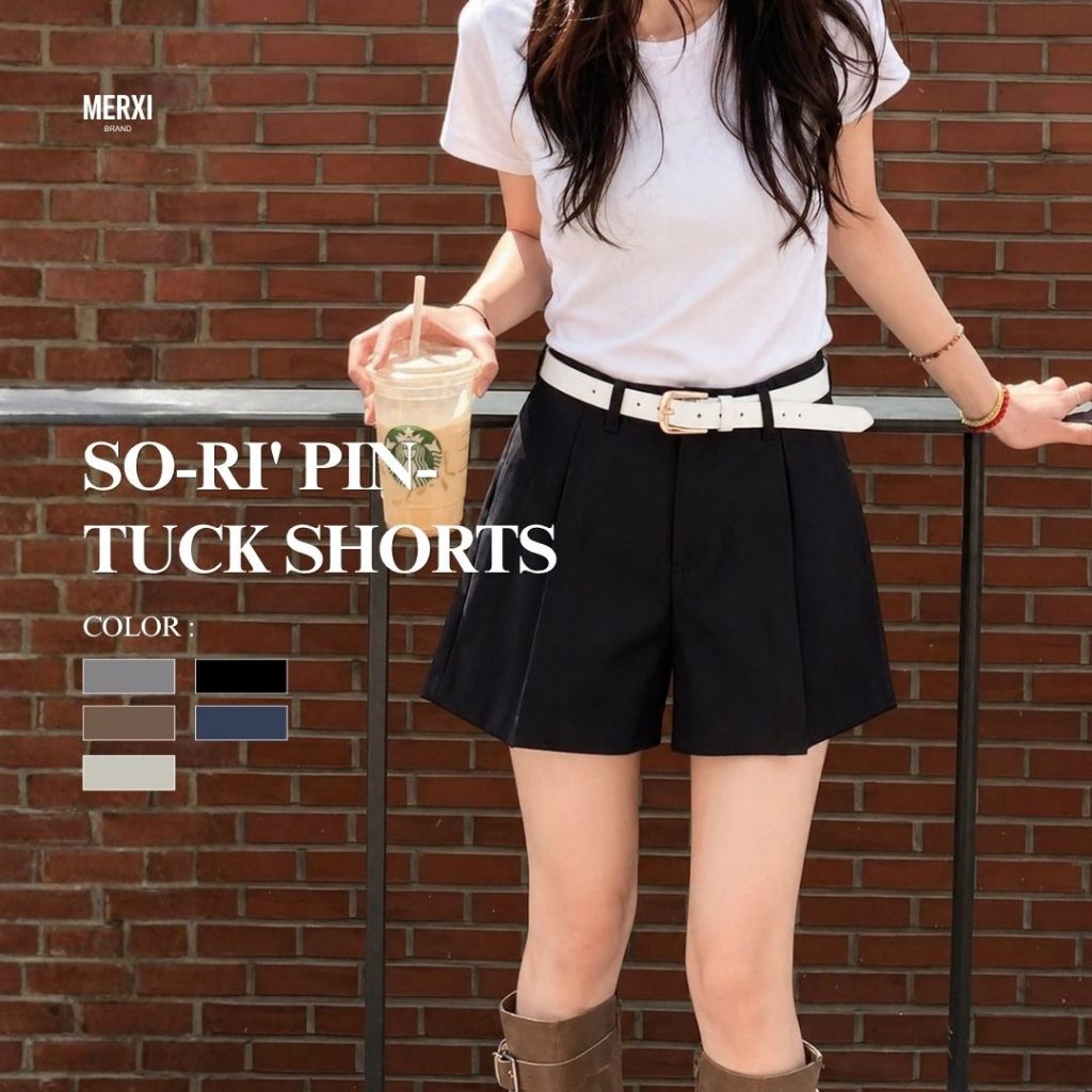 Merxi.brand - So-Ri Pin-tuck Shorts กางเกงทรง ขาสั้นขาบานมินิมอล เย็บเกล็ดหน้าสไตล์โซลชิค เอวสูง ทรงเป๊ะ สีดำ [พร้อมส่ง]