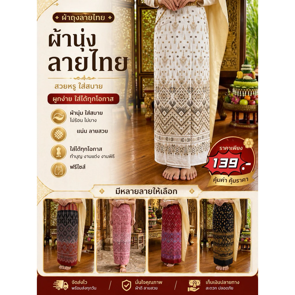 ผ้าถุงผ้าฝ้าย หมักโคลน ลายไทย แบบผูกเชือก เย็บสำเร็จสวมใส่ได้เลย