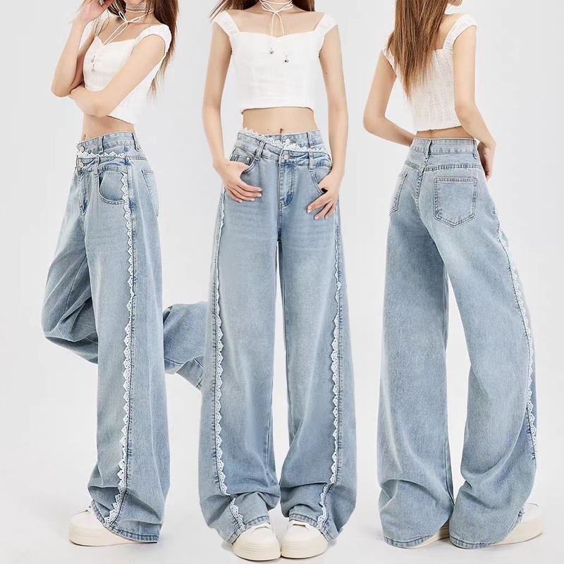 Plus size~กางเกงยีนส์ขาบานทรงสตรีทสไตล์พร้อมลูกไม้สีฟ้าเทรนด์ กางเกงขายาวทรงตรงแบบหลวมรุ่นใหม่ปี 2026 HOT