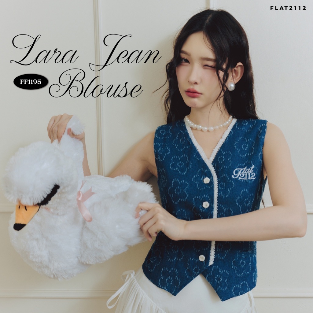 FLAT2112 : LARA JEAN BLOUSE  เสื้อกั๊กแฟชั่นเกาหลี เสื้อกั๊กสีน้ำเงิน ลายดอก เสื้อกั๊กคอวี ระบายอากาศ ใส่สบาย (FF1195)