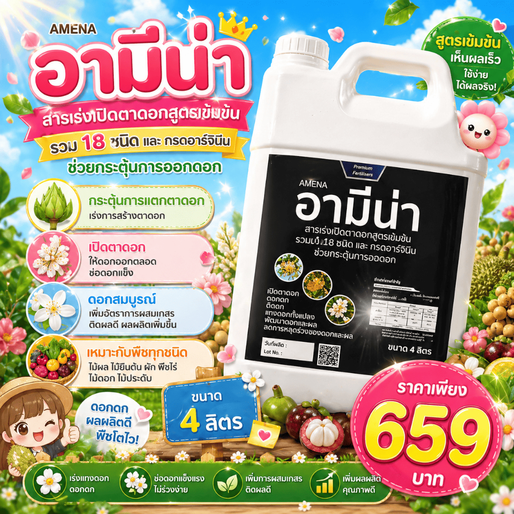 เปิดตาดอก อามีน่า 4ลิตร เปิดตาดอก ดอกดก สาหร่ายอะมิโน ติดดอก ผลดก บำรุงดอก บำรุงผล แกลอนใหญ่