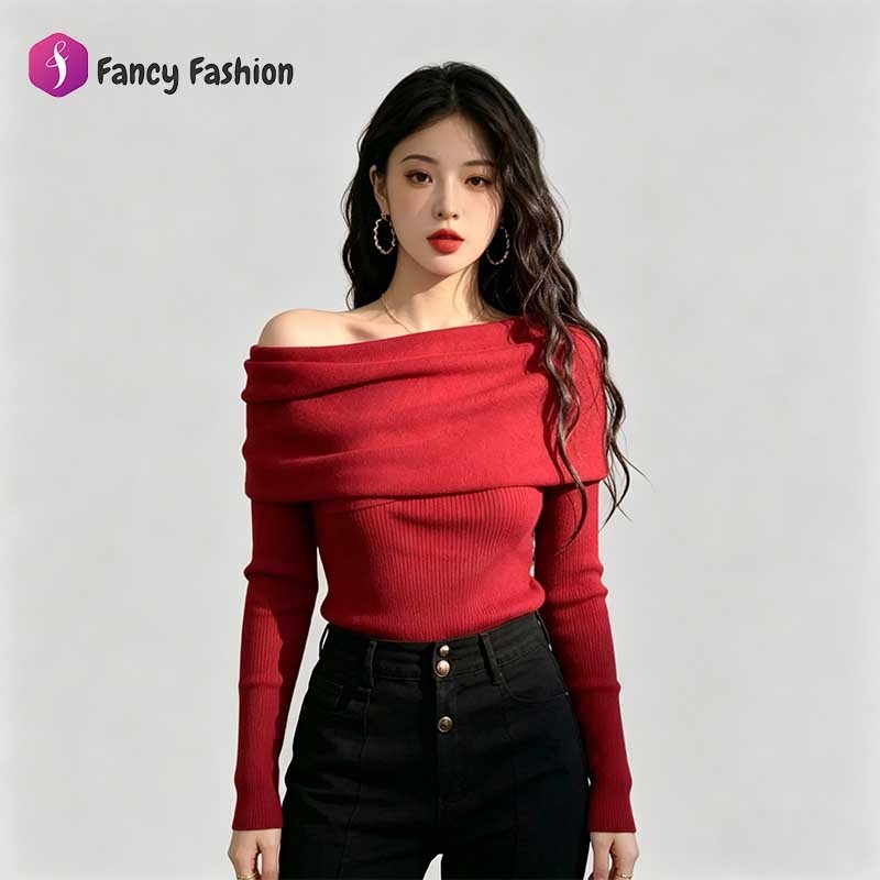 Fancy Fashion เสื้อไหมพรมไหล่ลาดสีแดง คอเปิดเซ็กซี่ ใส่สบายคุมทรงดี