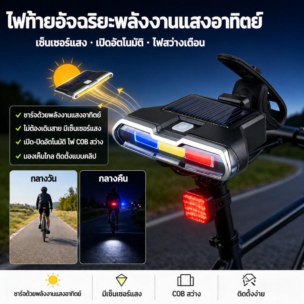 🚴‍♂️ไฟท้ายจักรยาน  ไฟท้ายจักรยาน โซล่าเซลล์ กันน้ำ พลังงานแสง smart bike light ไฟท้ายจักรยาน LEDไฟจักรยาน ชาร์จแสงอาทิตย