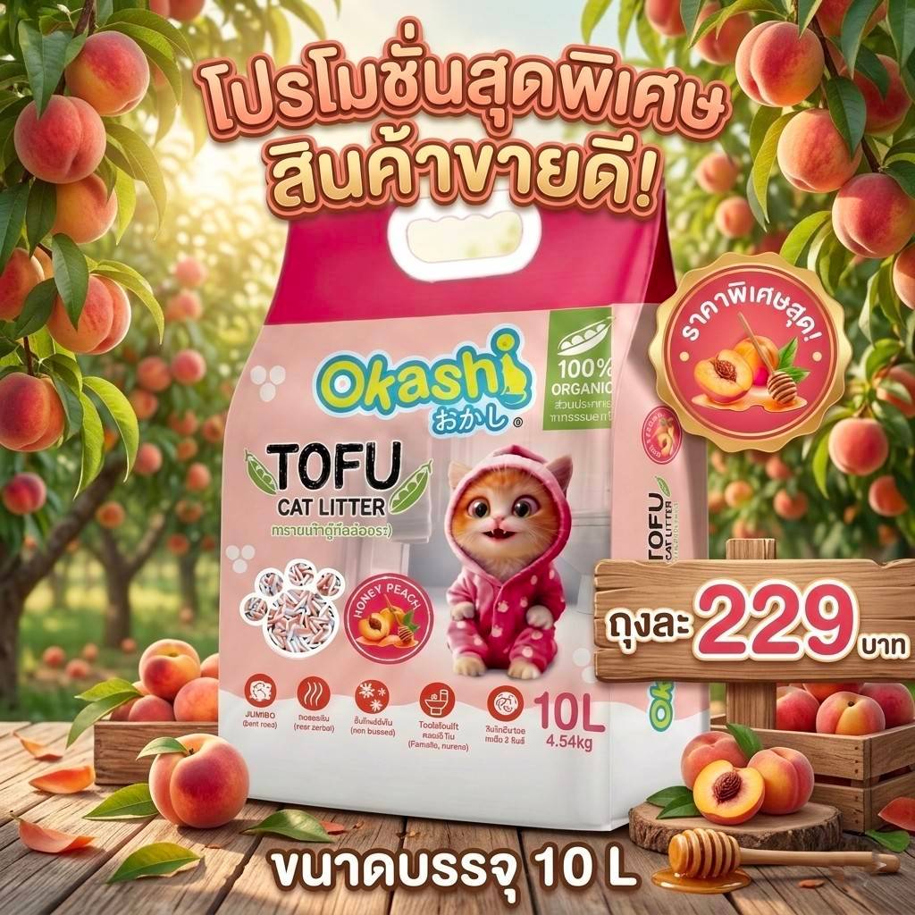 ทรายเต้าหู้ ถั่วลันเตา โอคาชิ ผลิตจากวัตถุดิบธรรมชาติ 100 % ( HONEY PEACH ขนาด 10 ลิตร )