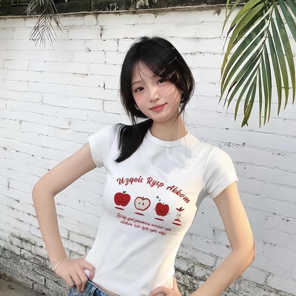 เสื้อยืดแขนสั้นผู้หญิง ตัวกระชับ ลายแอปเปิ้ล/เชอร์รี่