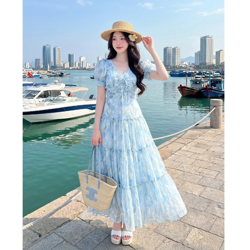 (มี3XL) Maria Diamond สีฟ้า Dollar Tulip Dress เดรสยาวผ้าชีฟองพิมพ์ลายทิวลิป แขนตุ๊กตา ซิปหลัง มีซับใน