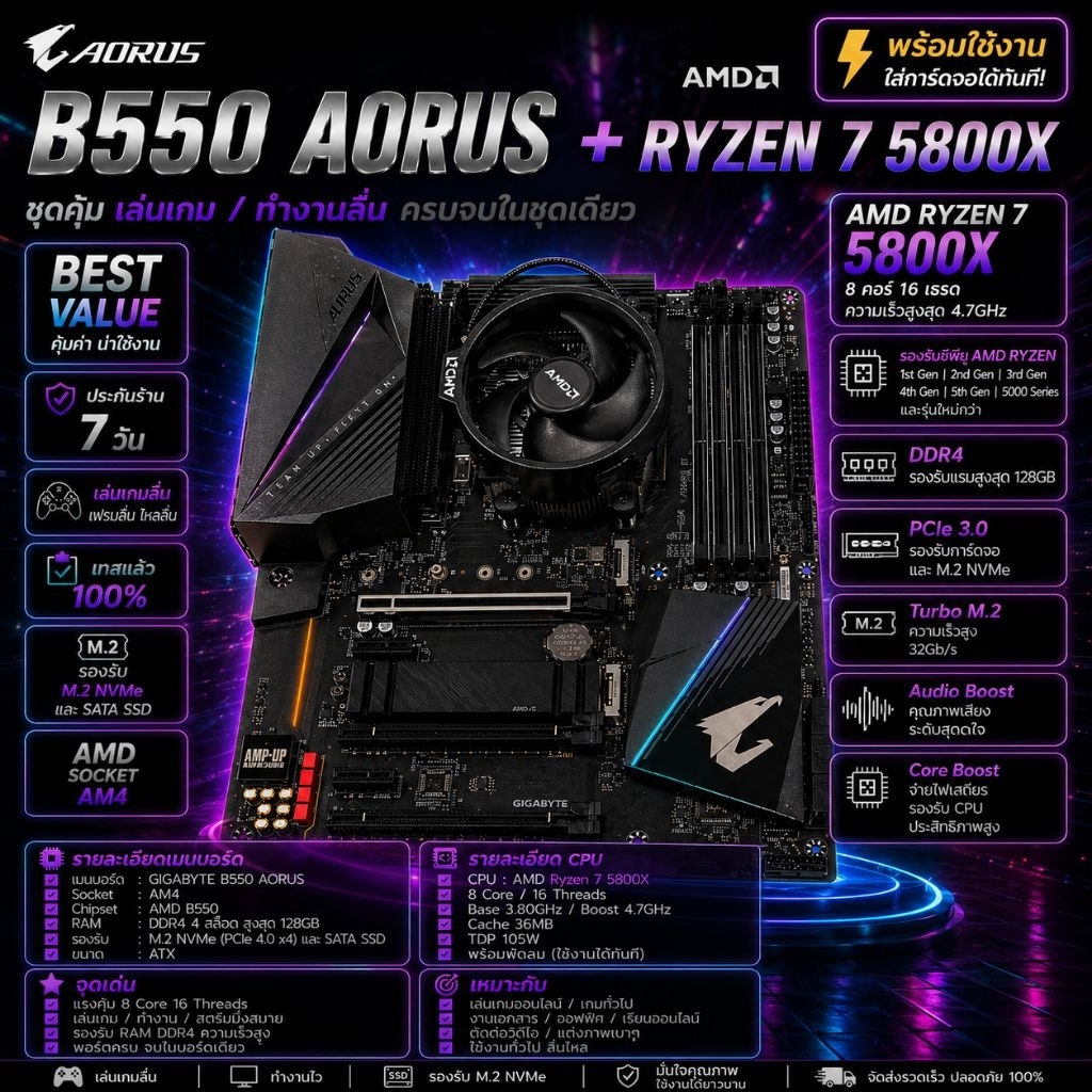 ชุดเมนบอร์ด B550 Aorusพร้อมCpu Ryzen7 5800X มือสอง