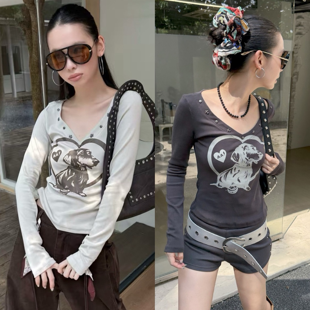 BY0365 เสื้อคอวีลายสกรีนน้องหมา แต่งหมุดสตรีท benly co