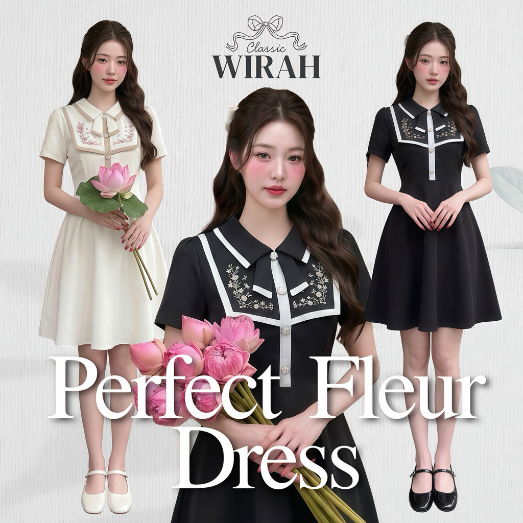 DW507 Perfect Fleur Dress เดรสสั้นดีไซน์คอปกทหารเรือปักดอกไม้ ลุคคุณหนูสวยหรูดูแพง