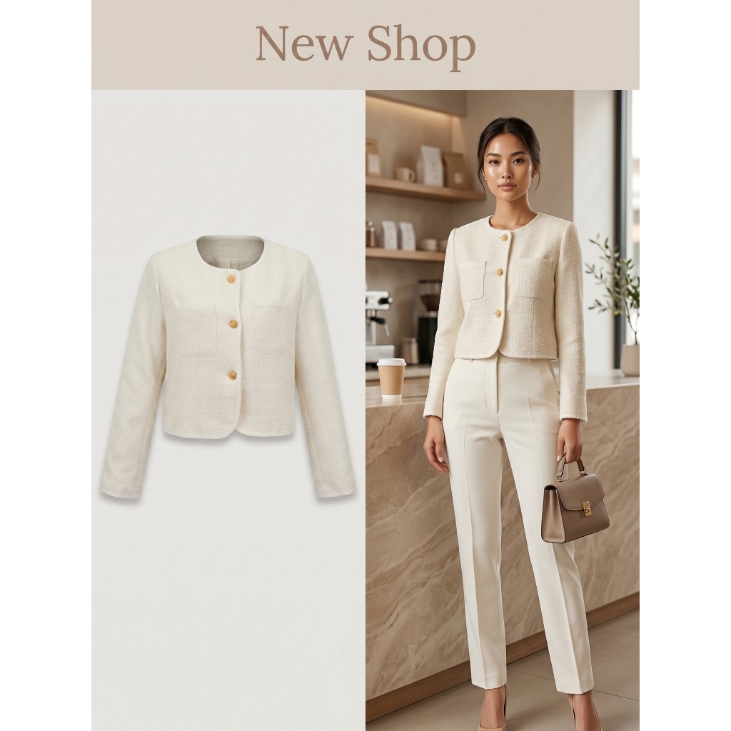 เสื้อคลุมทวิต แขนยาว สีครีม กระดุมทองใช้งานได้จริง มีกระเป๋าด้านหน้า ซับในทั้งตัว