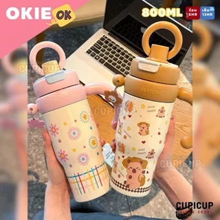 [พร้อมส่ง🇹🇭] แก้วสแตนเลส OKIE เกรด316 มีหูจับ2แบบ ลายน่ารัก เก็บร้อนเย็น พร้อมพวงกุญแจ 800ml