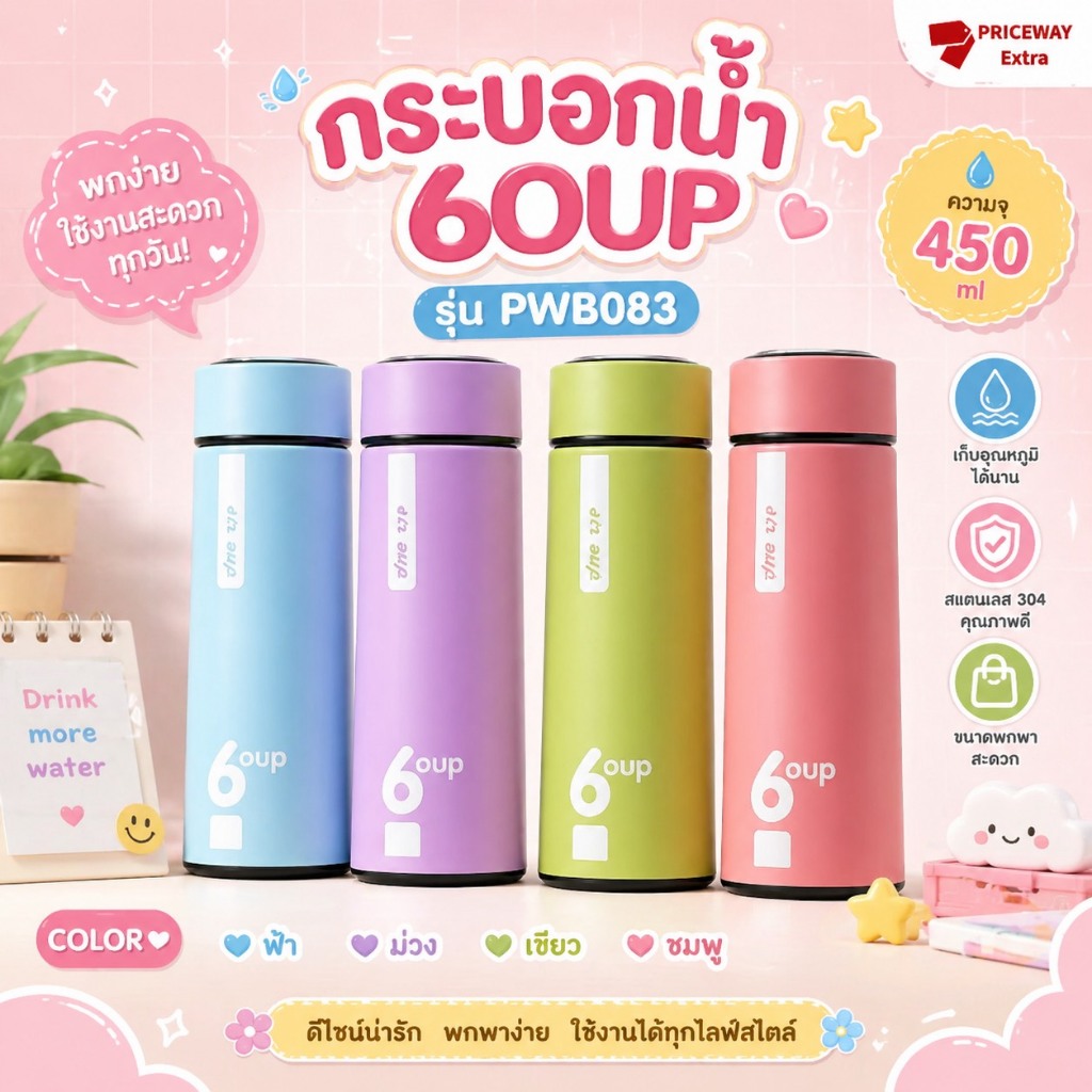 กระบอกน้ำแก้ว 450ml หุ้มซิลิโคนกันร้อน ฟู้ดเกรด พกพาสะดวก มินิมอล รุ่น PWB083 ส่งไว