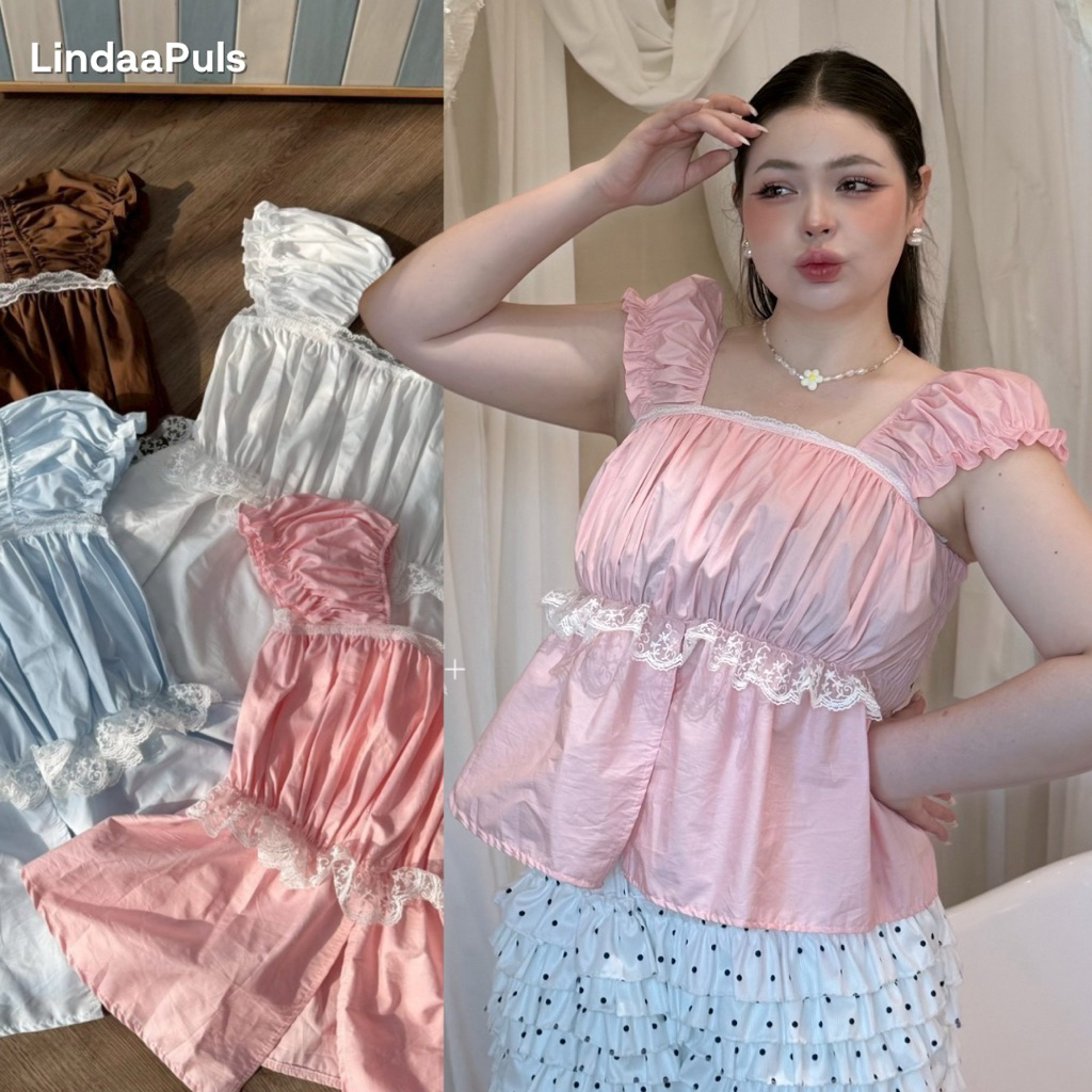 LindaaPlus-- เสื้อสายเดี่ยวแขนตุ๊กตาสาวอวบอ้วน 🧺🍃  ดีเทลแต่งจั๊มอก มีสม็อคหลัง แต่งลูกไม้เพิ่มความหวานละมุน ผ้าคอตตอน