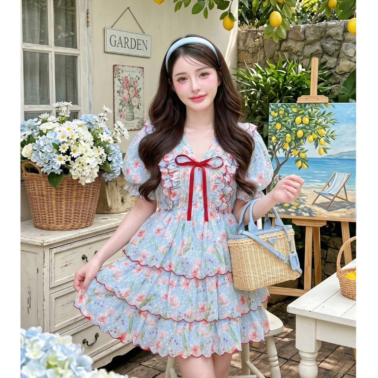 (มี3XL)  สีฟ้า Sketch Me Dress เดรสสั้นผ้าชีฟอง texture พิมพ์ลาย แต่งระบายกระโปรงสามชั้น ขอบปัก ซิปหลัง มีซับใน