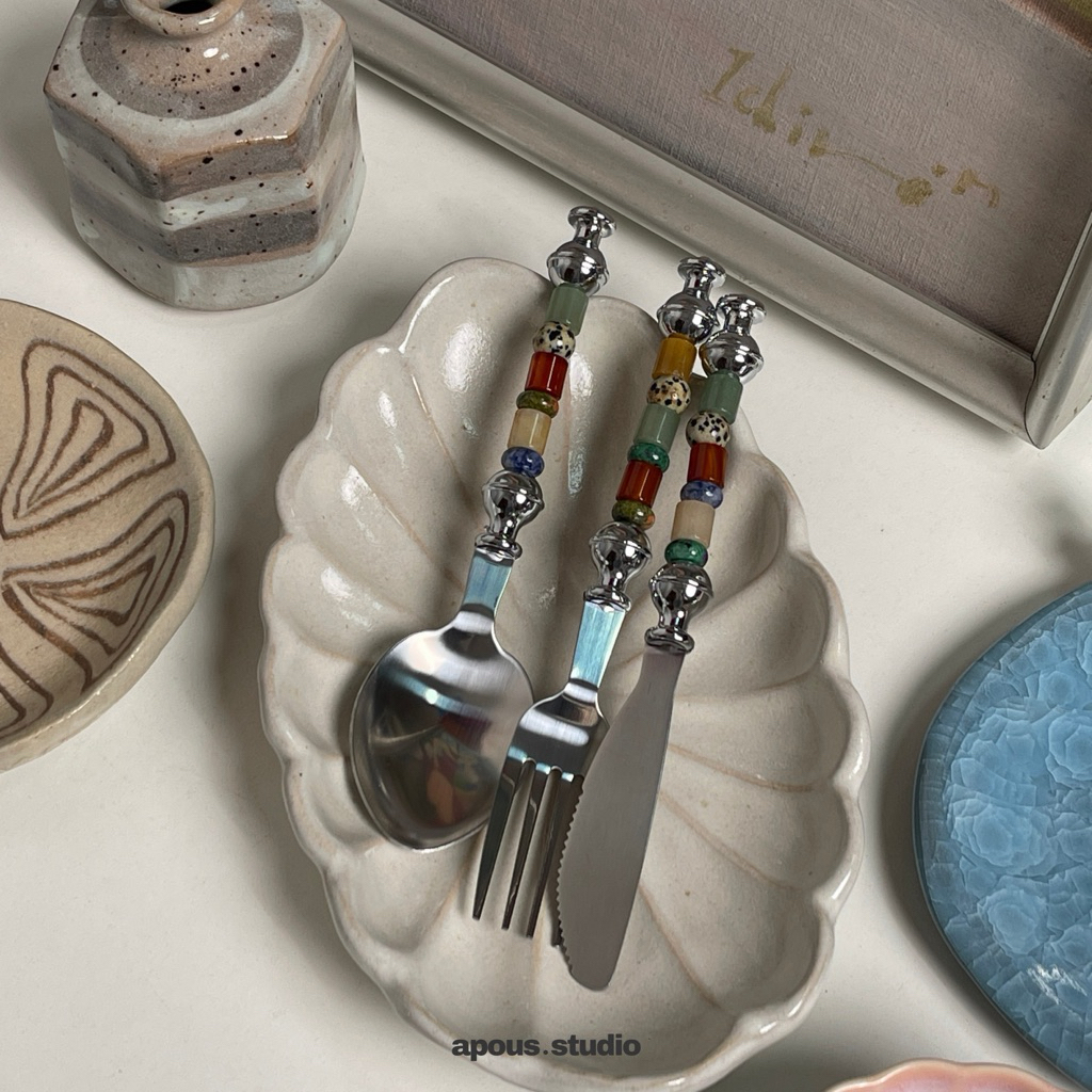 apous.studio | พร้อมส่ง Table Spoon&Fork ช้อนสแตนเลส แต่งหินธรรมชาติ