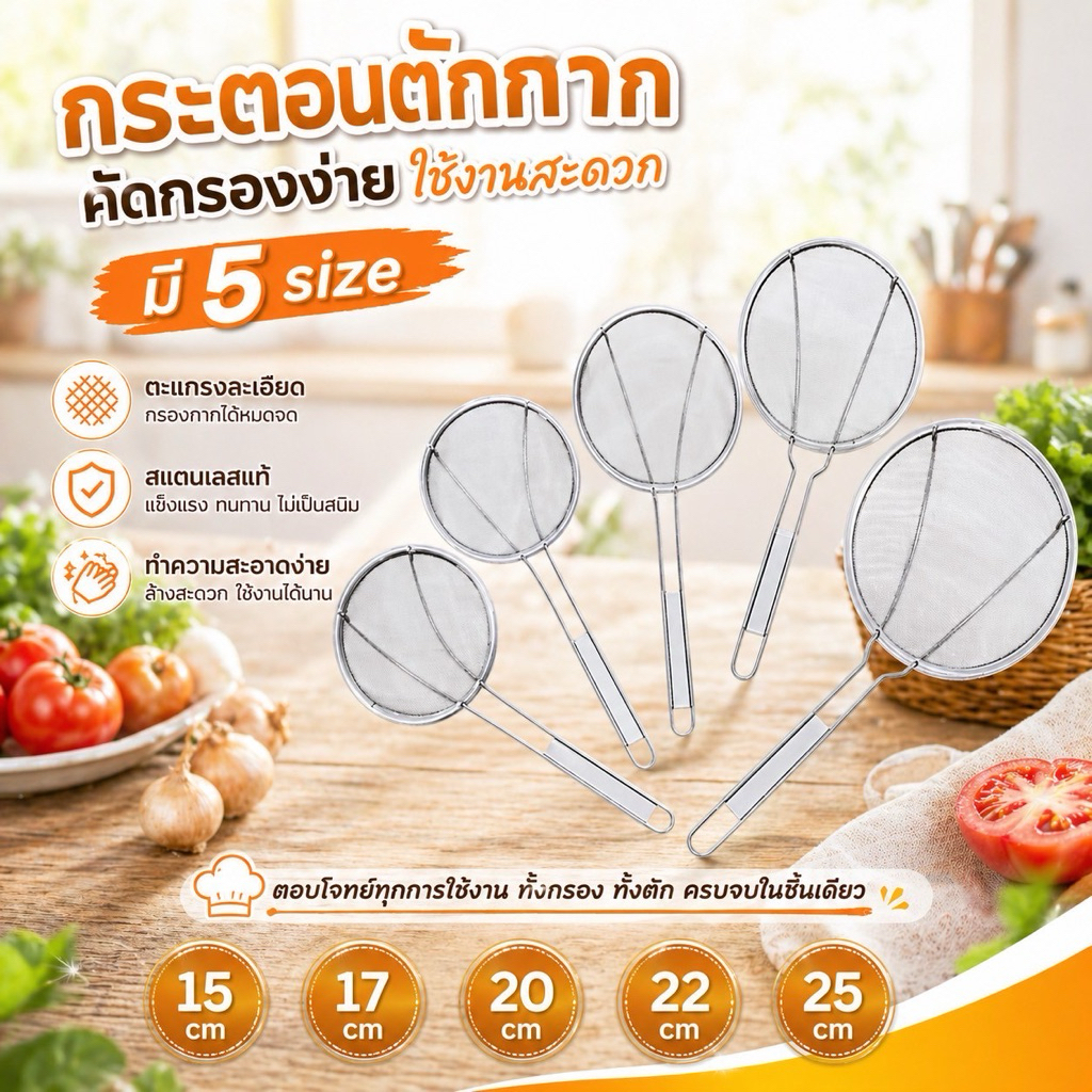 กระตอนตักกาก – ตะแกรงตักกาก สแตนเลส แข็งแรง ทนทาน  ✨ – โปรปัง