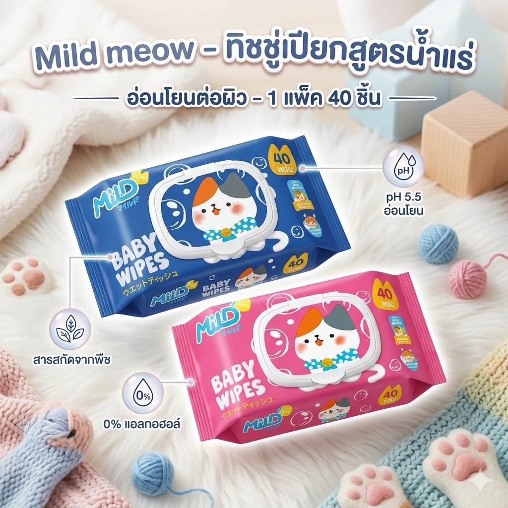 🧻🐱 Mild Meow ทิชชู่เปียก กลิ่นหอมอ่อนโยน อ่อนโยนต่อผิวทุกวัย! 1 แพ็ค บรรจุ 40 แผ่น