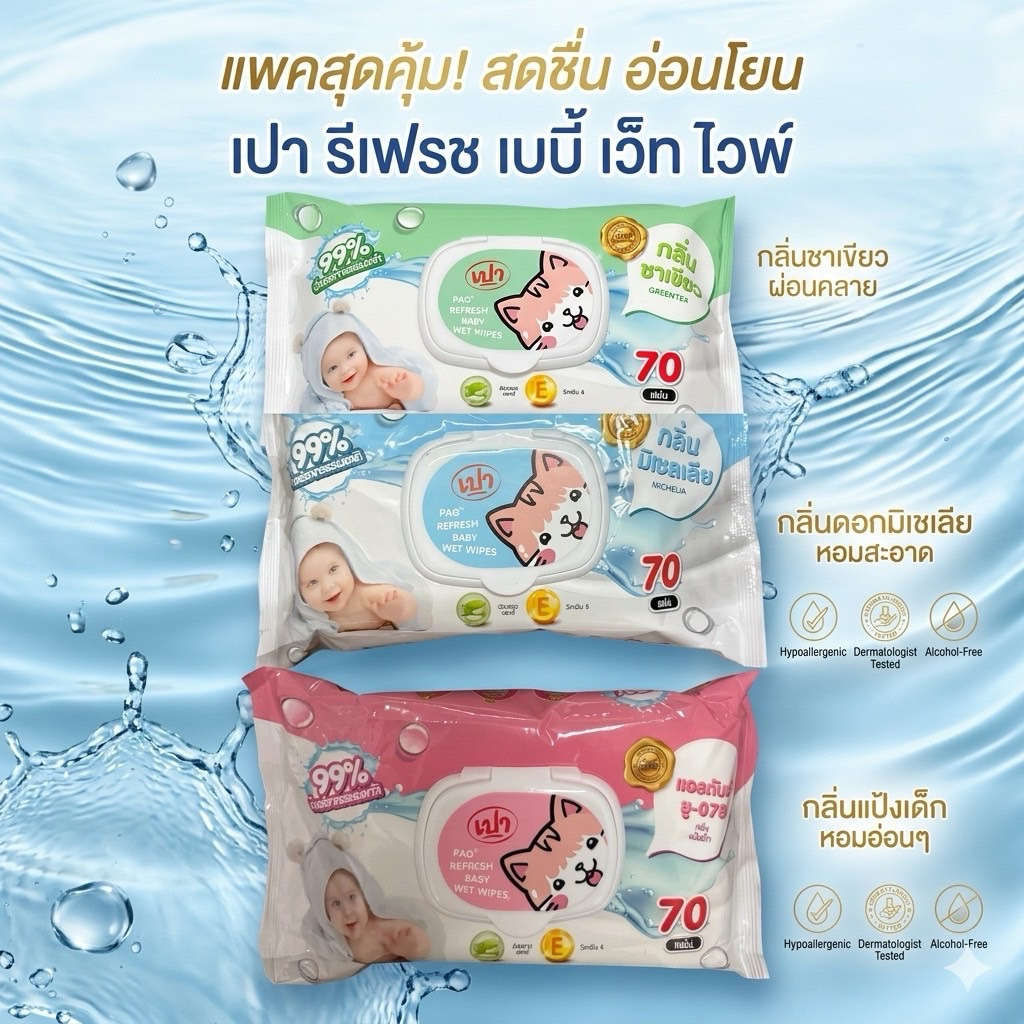 กระดาษทิชชู่เปียกเปา 99%น้ำแร่ธรรมชาติบรรจุ70แผ่น มี 3สี ทำความสะอาดผิวกาย ปราศจากแอลกฮอล์