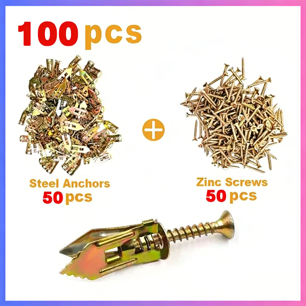 50/100pcs พุกปีกผีเสื้อ สกรู พุกปีกผีเสื้อ ชุดสกรูเกลียวปล่อยแบบขยาย พุกผีเสื้อเหล็ก พุกยิบซั่ม+สกรู Expansion screws