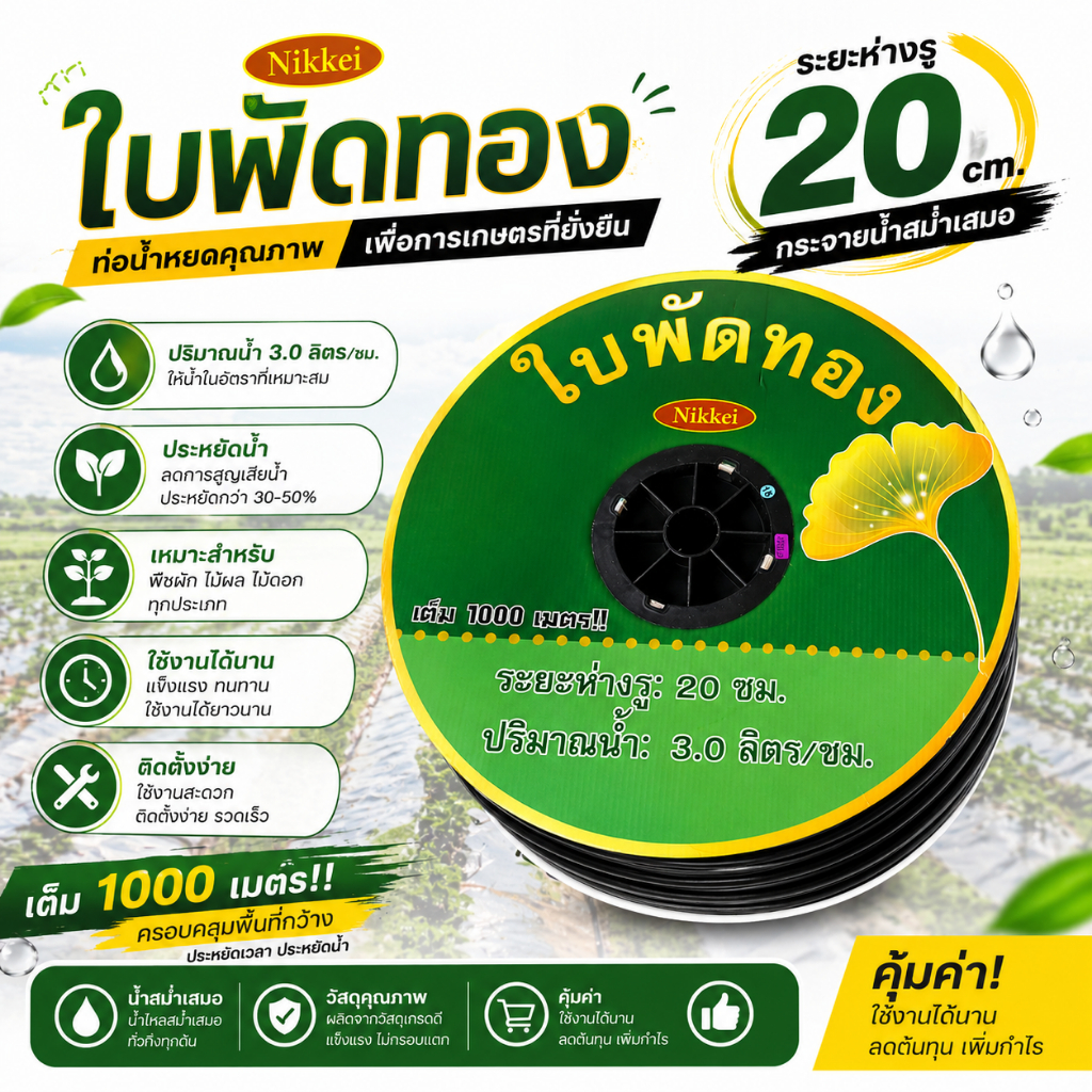 Summer 2 รูหยด เทปน้ำหยด สายน้ำหยด  ข้อต่อ ระยะ 10-30 ซม.ยาว 1000 เมตรเต็มๆ หนาจริง