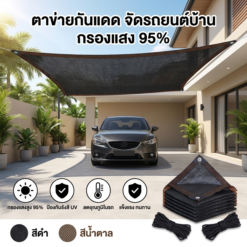 ตาข่ายกันแดดกลางแจ้ง HDPE - สีดำ/สีน้ำตาล, ลดความร้อน, ป้องกันรังสียูวี, ใช้ได้ทุกสภาพอากาศ, ขนาด 1×3 - 4×5 ม. สำหรับสวน