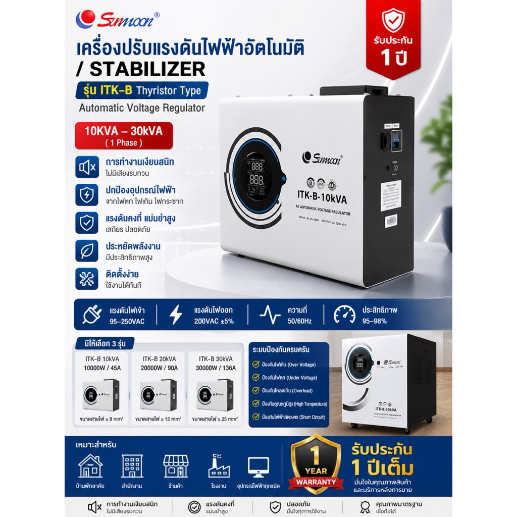 ครื่องปรับแรงดันไฟฟ้าอัตโนมัติซันมูน รุ่น ITK-B (10KVA / 20KVA / 30KVA) Stabilizer 1 เฟส | ระบบ Thyr
