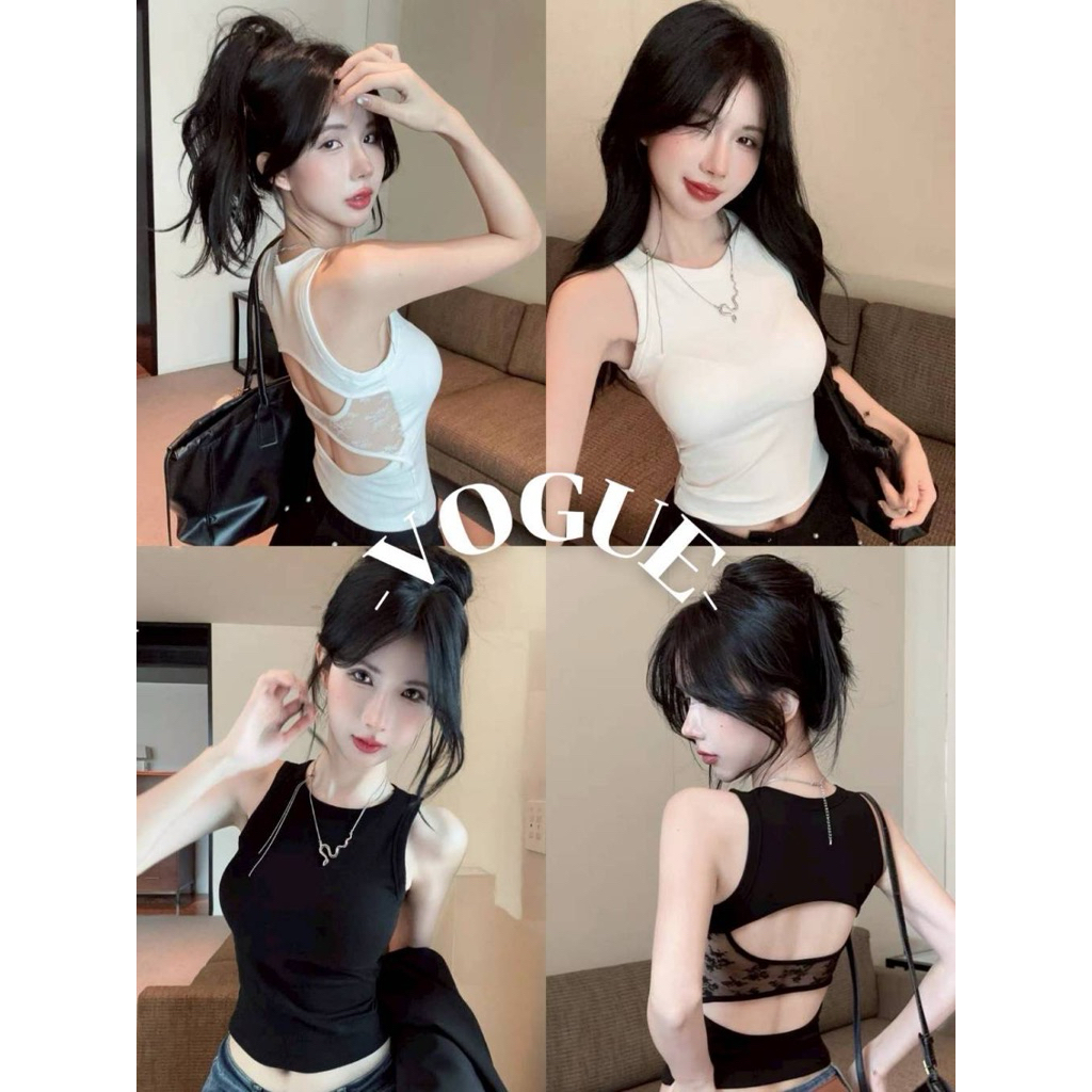 [เสื้ิอมือสอง] Vogue🌟พร้อมส่ง🌟 เสื้อกล้าม คอกลม ดีเทลเว้าหลังลูกไม้ ไม่มีฟองน้ำ