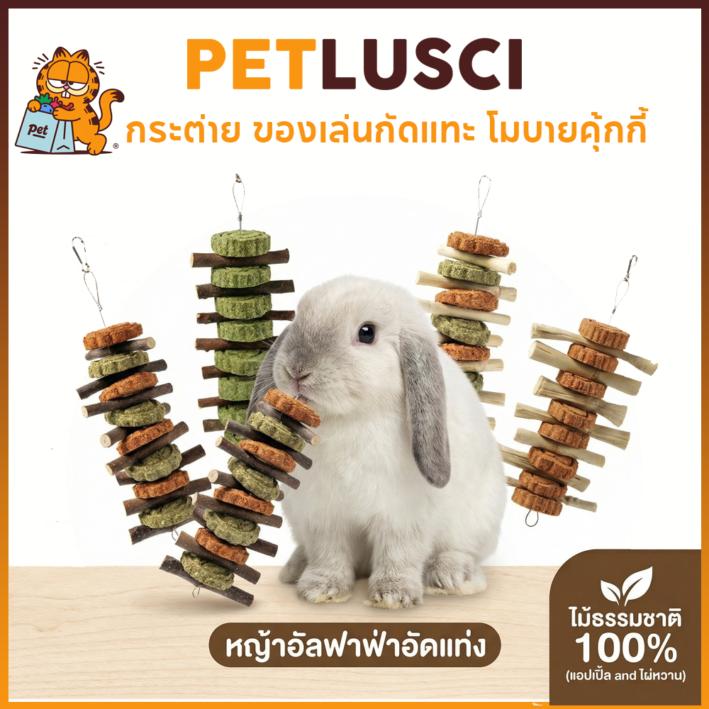 PETLUSCI กระต่าย ของเล่นกัดแทะ โมบายคุ้กกี้ คุ้กกี้หญ้า ทำจากธรรมชาติ สำหรับกระต่ายและสัตว์ฟันแทะ