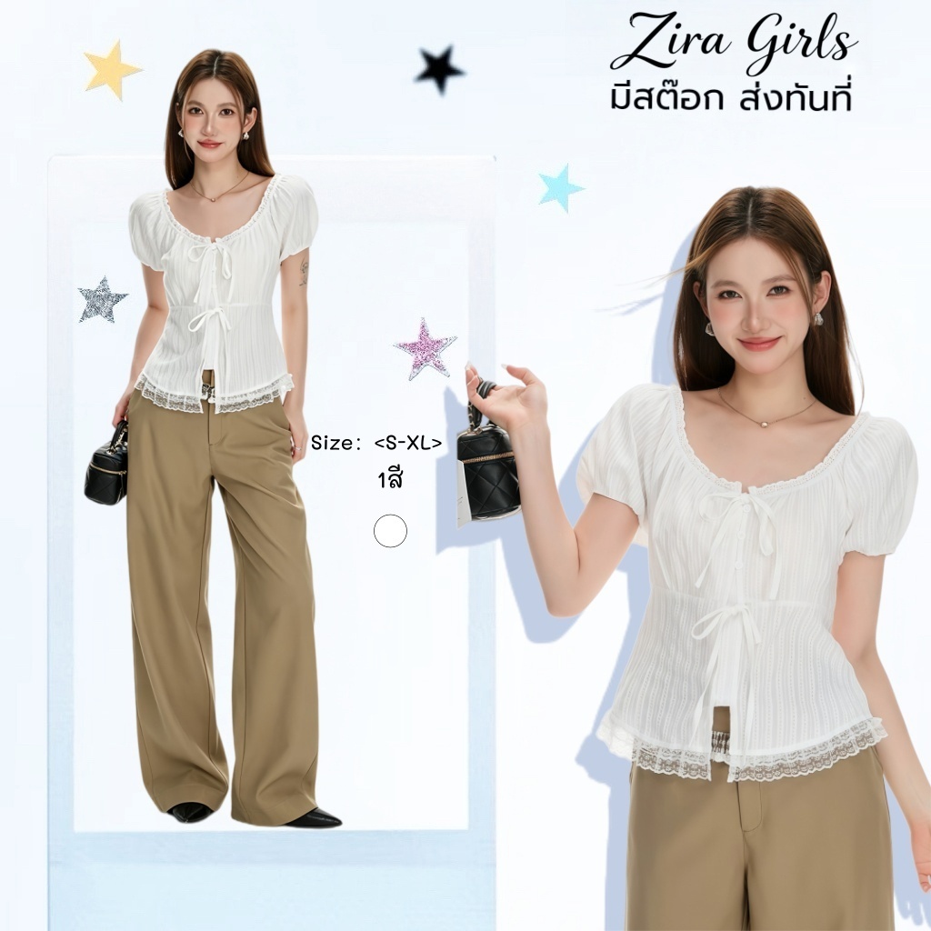 ZIRA พร้อมส่ง✨เสื้อครอปขาวลูกไม้แขนฟู ผูกโบว์หน้า สไตล์เกาหลี สำหรับสาว