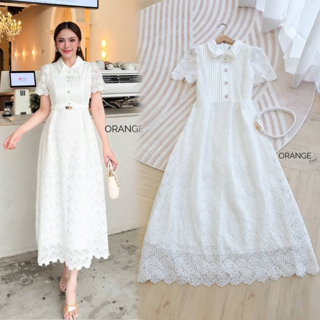 ครบไซซ์ S-5XL❗เดรสลูกไม้ขาวสวยสง่า!!! Maxi Dress เดรสสาวอวบ,เดรสสีขาวแขนสั้นแต่งกระดุมหน้า+เข็มขัด งานป้าย Orange Juice