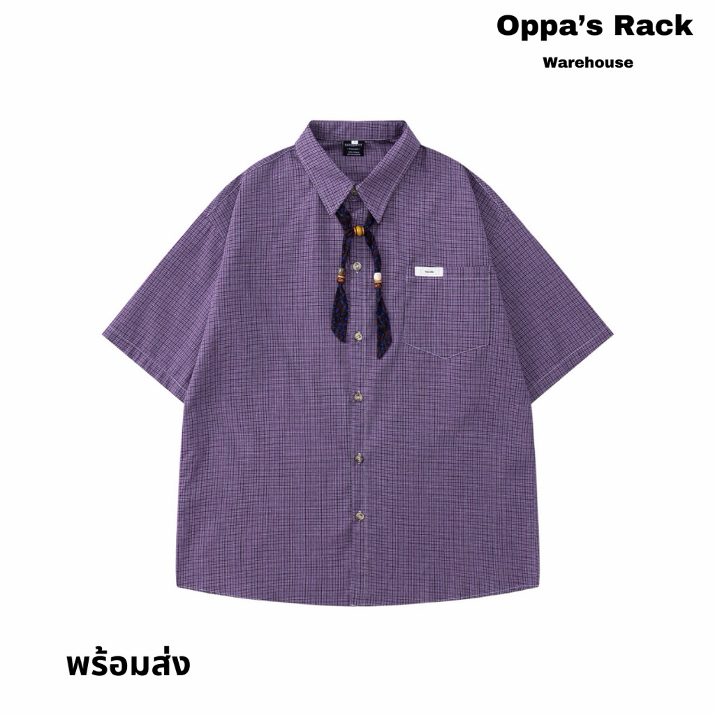 เสื้อเชิ้ตแขนสั้นลายตารางสีม่วง แถมฟรีผ้าพันคอ