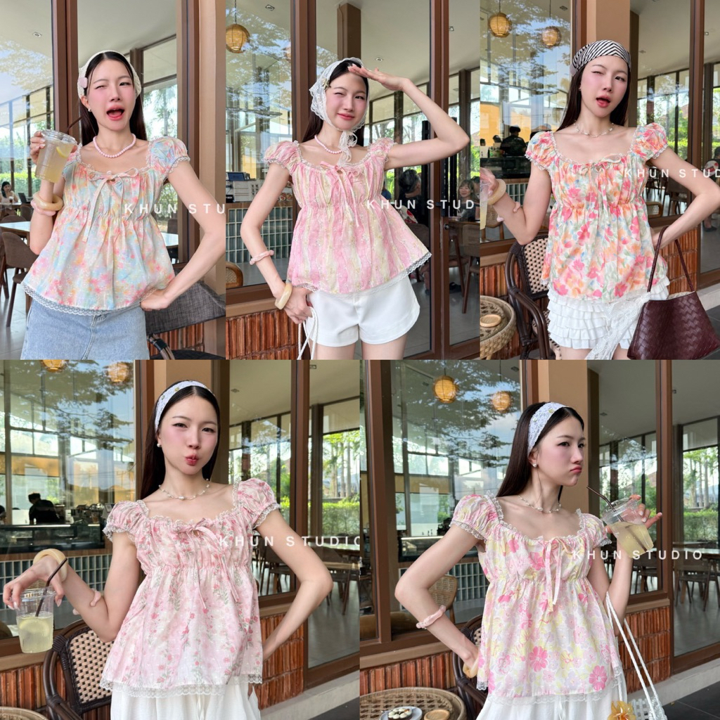 Khun studio เสื้อแขนตุ๊กตา จั๊มเอว แต่งขอบลูกไม้