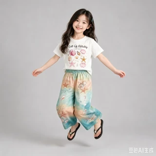 MC266 ชุดเซ็ตเด็กผู้หญิง เสื้อยืดลายเปลือกหอย+กางเกงขายาวลายทะเล สีพาสเทล น่ารักสดใส ใส่สบาย สไตล์เกาหลี