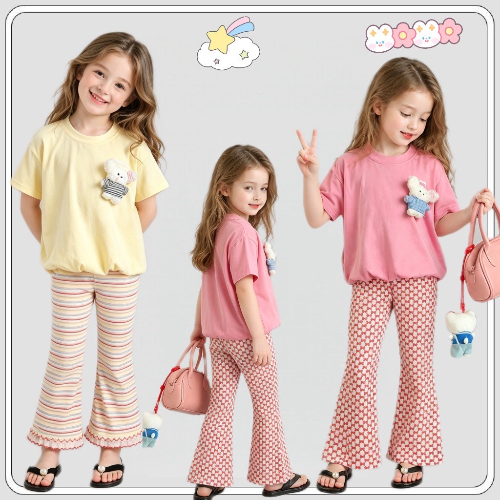 MC268 ชุดเซ็ตเด็กผู้หญิง เสื้อยืดตุ๊กตาหมี + กางเกงขายาวขาบาน สีพาสเทล น่ารักสไตล์เกาหลี