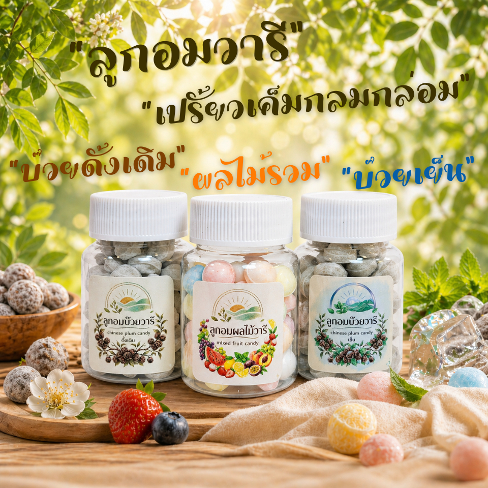 ลูกอมบ๊วยวารี และผลไม้รวม รสกลมกล่อม เย็น สดชื่น อร่อย ชุ่มคอ แก้กระหายน้ำ แก้เลี่ยน อมเพลิน พกสะดวก