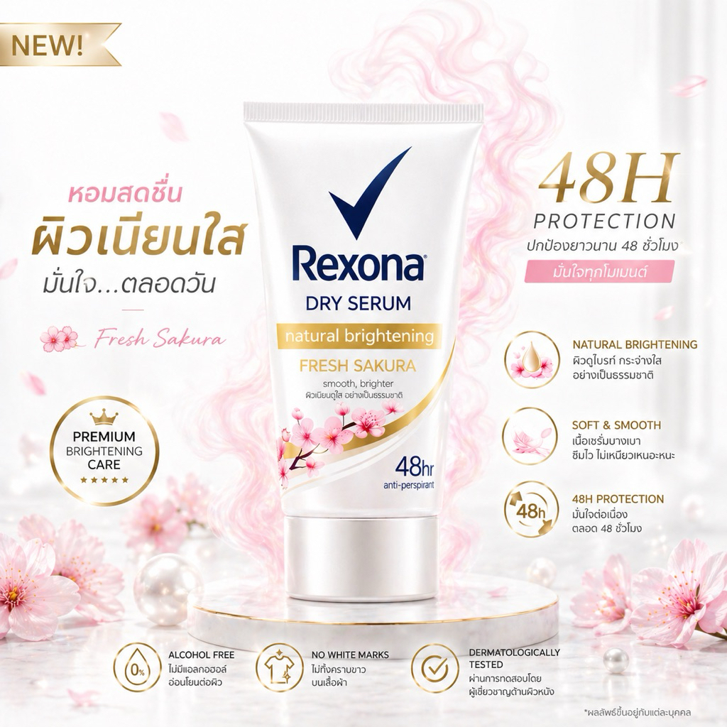 Rexona Dry Serum Fresh Sakura 50 ml โรลออนเซรั่ม กลิ่นซากุระหอมละมุน ซึมไว ไม่เหนอะ ผิวใต้วงแขนดูกระจ่างใส มั่นใจยาวนาน