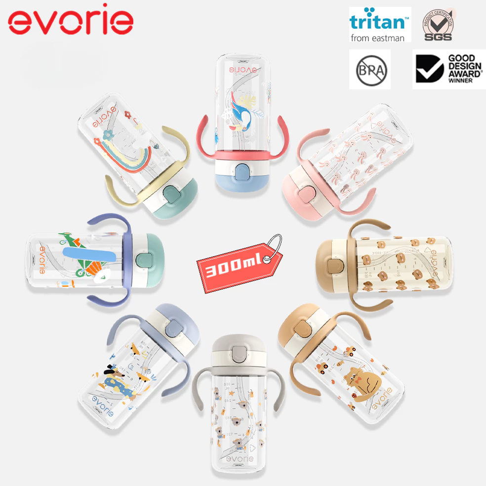 ขวดน้ำเด็ก Evorie Tritan 300ml BPA Free สำหรับเด็ก 1-3 ปี พร้อมหลอดซิลิโคน นุ่ม ปลอดภัย เก็บน้ำไม่รั่ว กันสำลัก ทนต่อการ