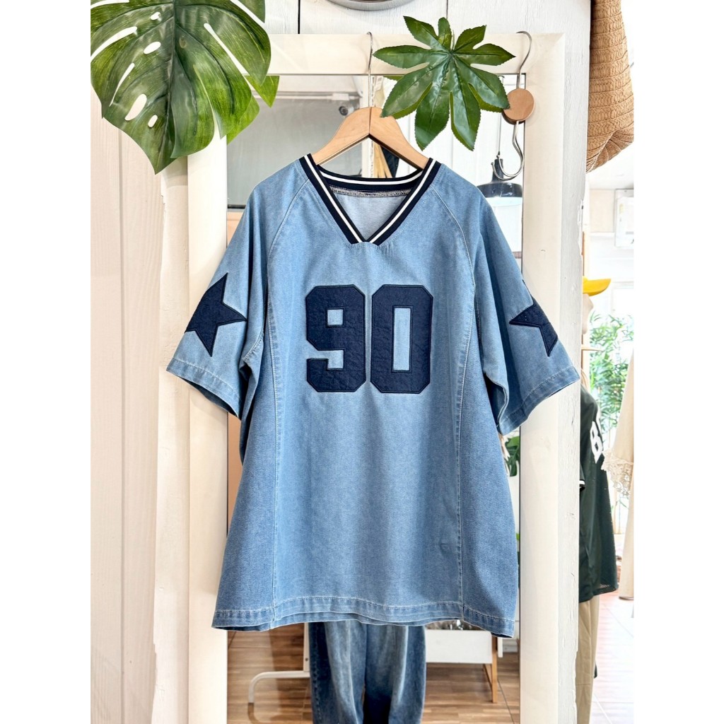 5-606SS เสื้อกีฬาผ้ายีนส์แขนสั้นคอวีดาวปัก 90