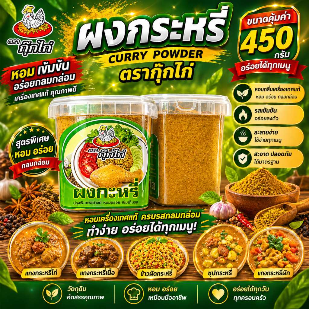 ผงกระหรี่ตรากุ๊กไก่ น้ำหนัก 450กรัม   (1กระปุก)