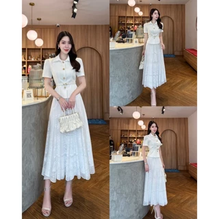 THE CLOSETA : LB203 ชุดเสื้อคอปกแขนสั้นกระดุมหน้า+กระโปรงลูกไม้สีขาวใส่งานบุญสวยหรู
