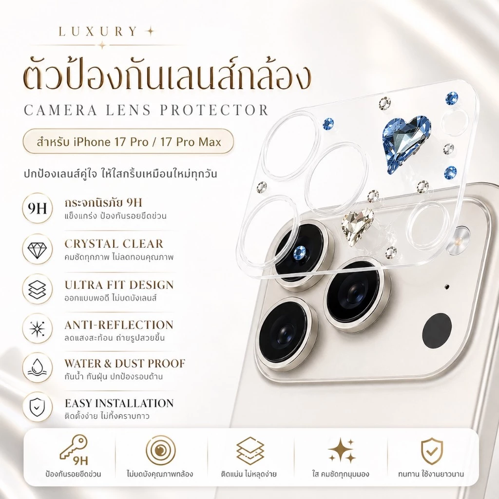 Jc168 (013) ฟิล์มกันรอยฐานกล้อง เว้นช่องเลนส์กล้อง แบบติดเพรชติดเครื่องประดับ ตัวป้องกันเลนส์ สำหรับIphone17-17Pro max