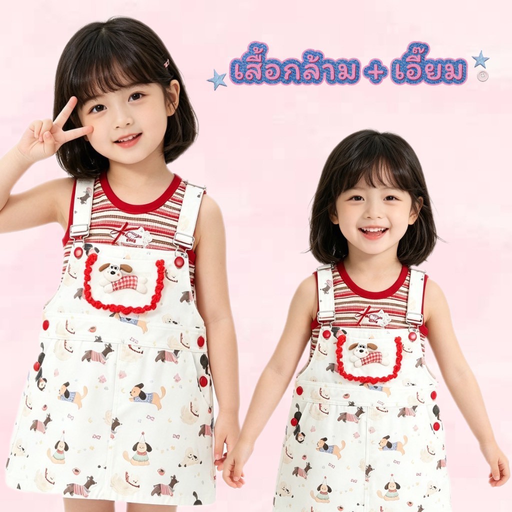 ฺฺBB263 เซ็ตเสื้อผ้าเด็กผู้หญิง ชุดเอี๊ยมกระโปรง ลายหมาน้อย ใส่เที่ยว ใส่ถ่ายรูป